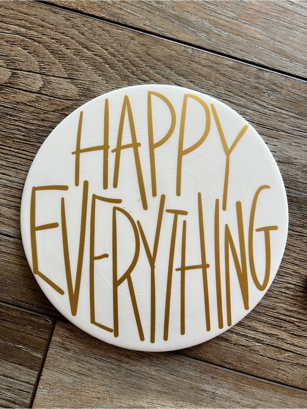 Coton Colors White Round Ceramic Trivet 'Happy Everything' with Gold Lettering